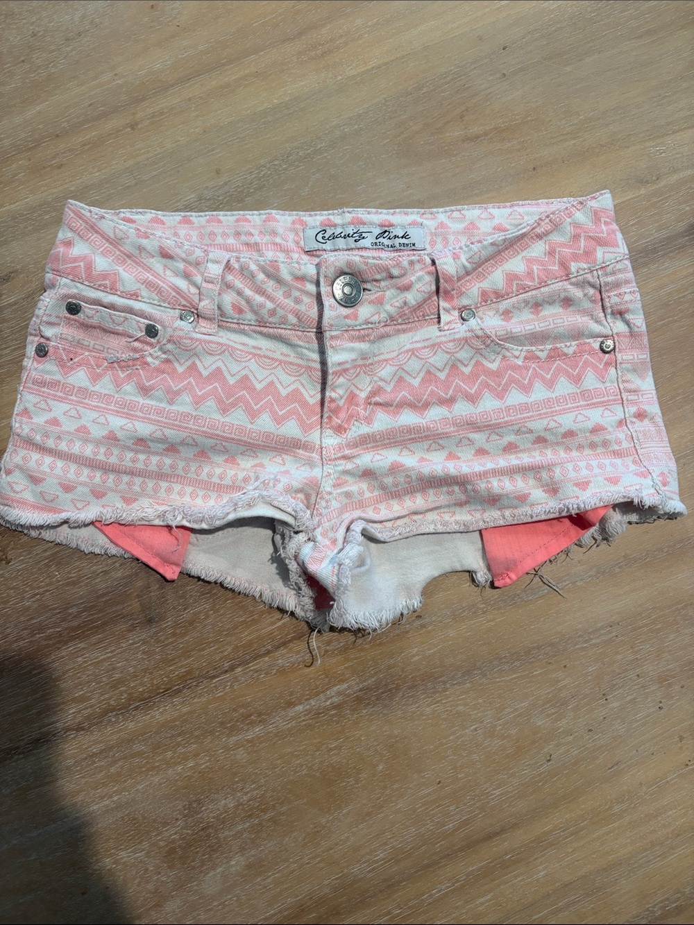 Celebrity Pink Coral & White Tribal Print Denim Shorts